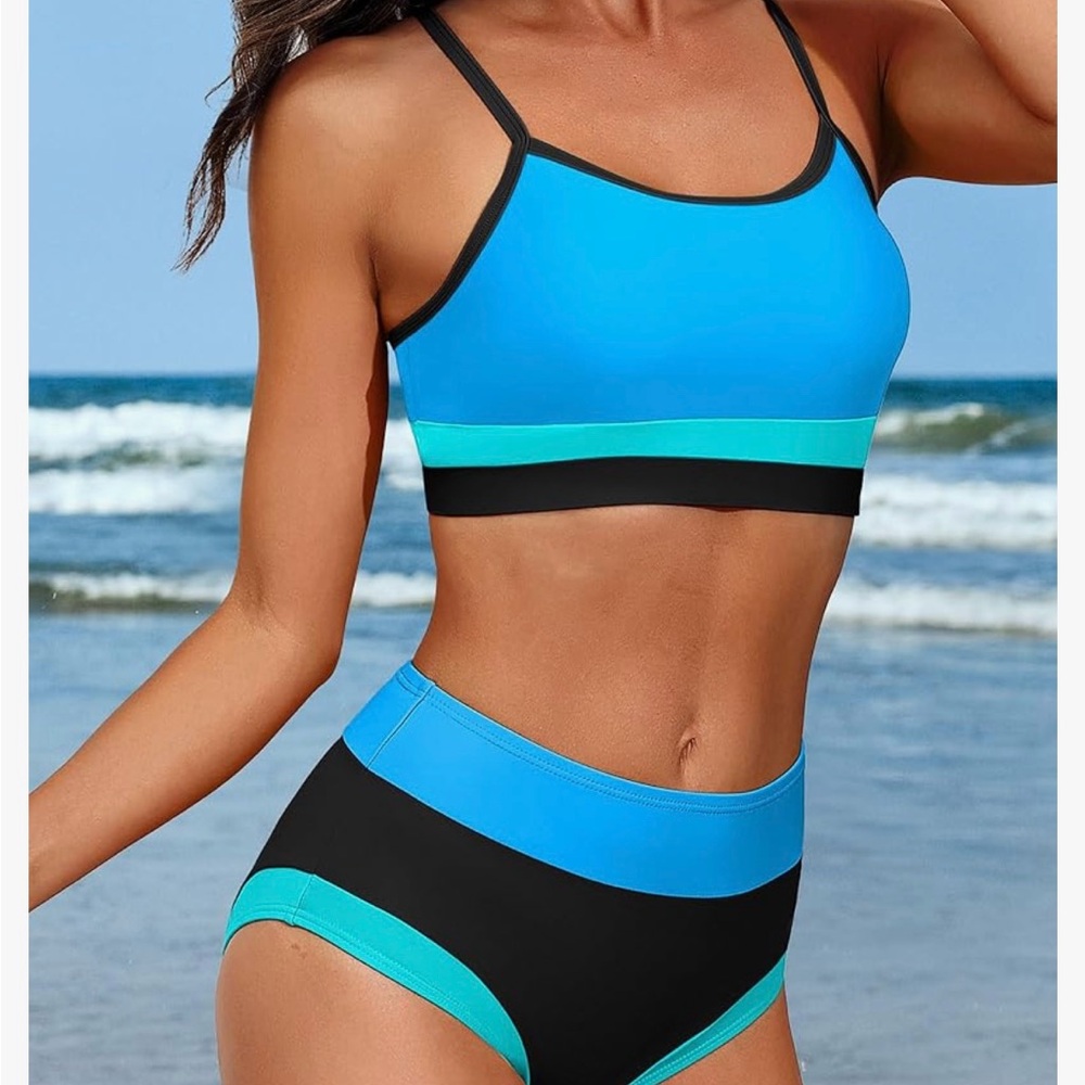 Charmo NWT Blue and Black High waisted Women's Swimwear Set size M - Picture 3 of 10